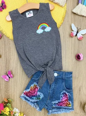 Girls Hello Rainbow Knot Top & Sequin Denim Shorts Set