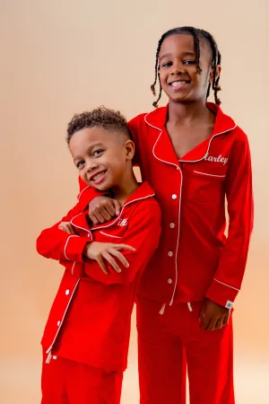 Girls long jersey personalised pyjamas Red