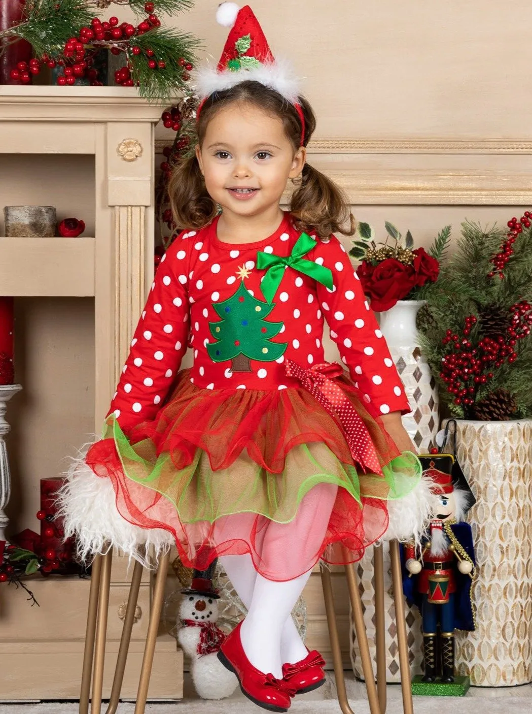 Girls Long Sleeve Polka Dot Reindeer or Tree Holiday Tutu