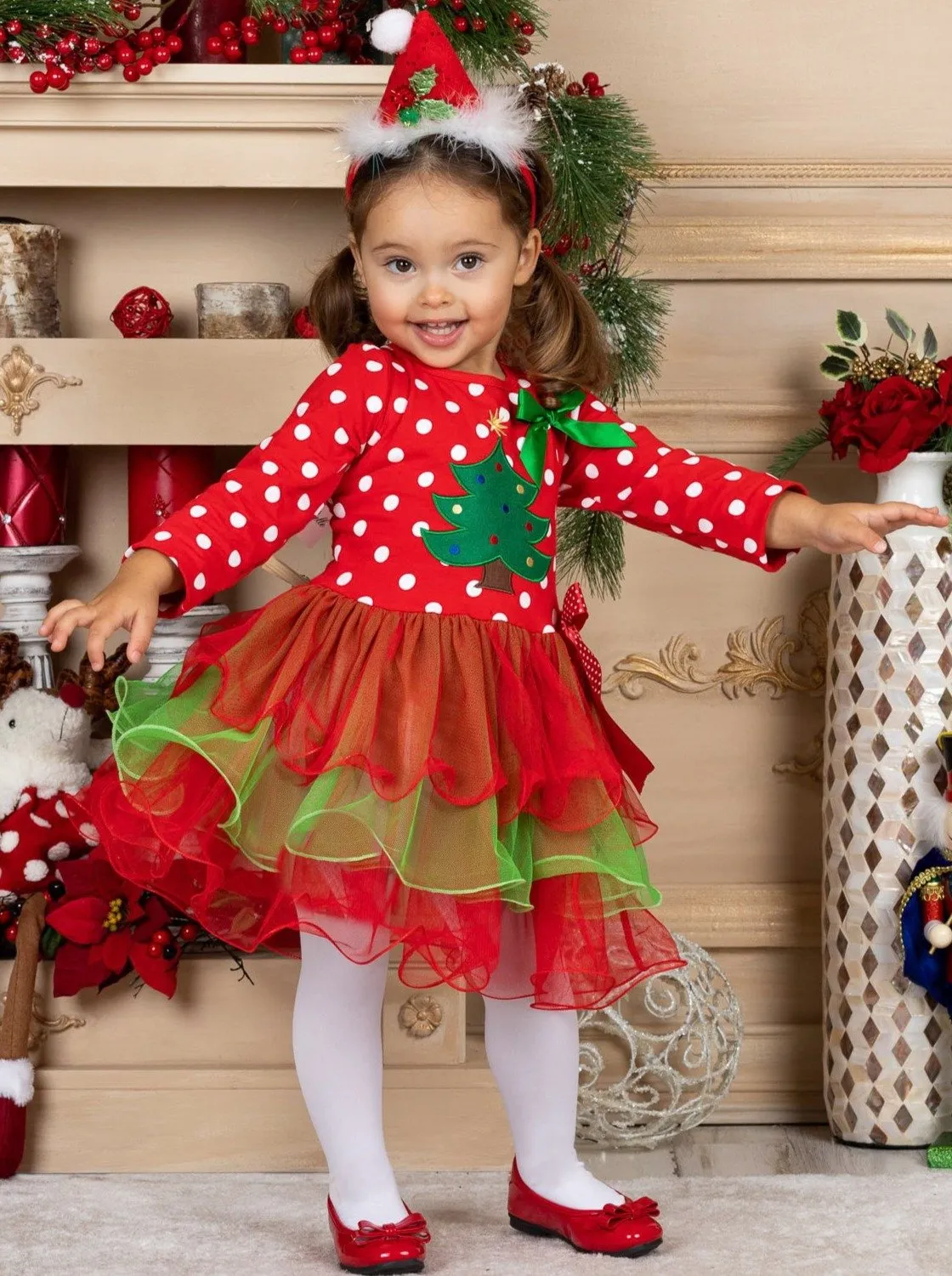 Girls Long Sleeve Polka Dot Reindeer or Tree Holiday Tutu