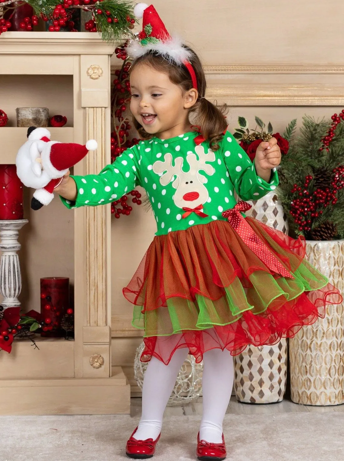 Girls Long Sleeve Polka Dot Reindeer or Tree Holiday Tutu