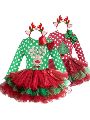 Girls Long Sleeve Polka Dot Reindeer or Tree Holiday Tutu