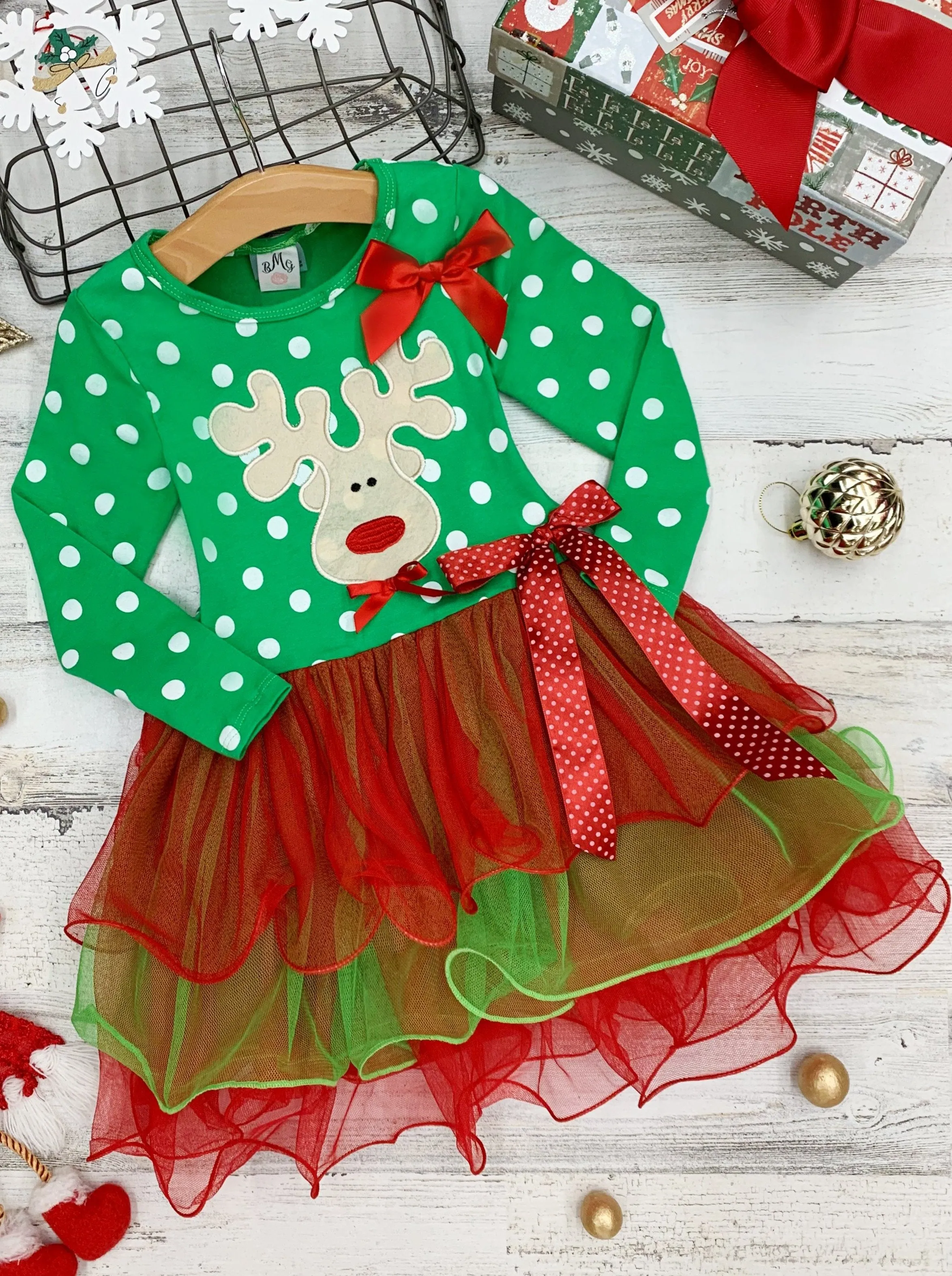 Girls Long Sleeve Polka Dot Reindeer or Tree Holiday Tutu