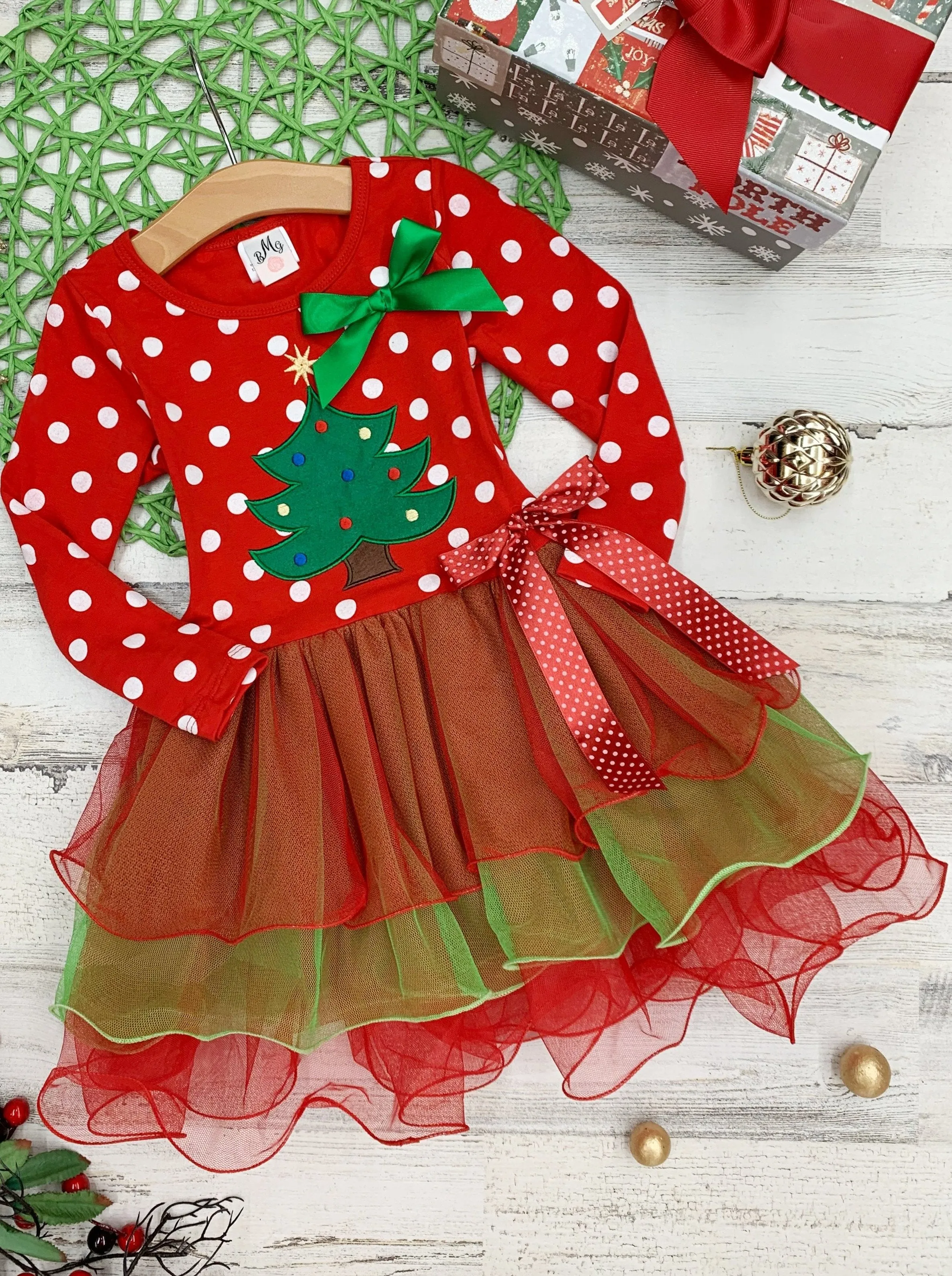 Girls Long Sleeve Polka Dot Reindeer or Tree Holiday Tutu