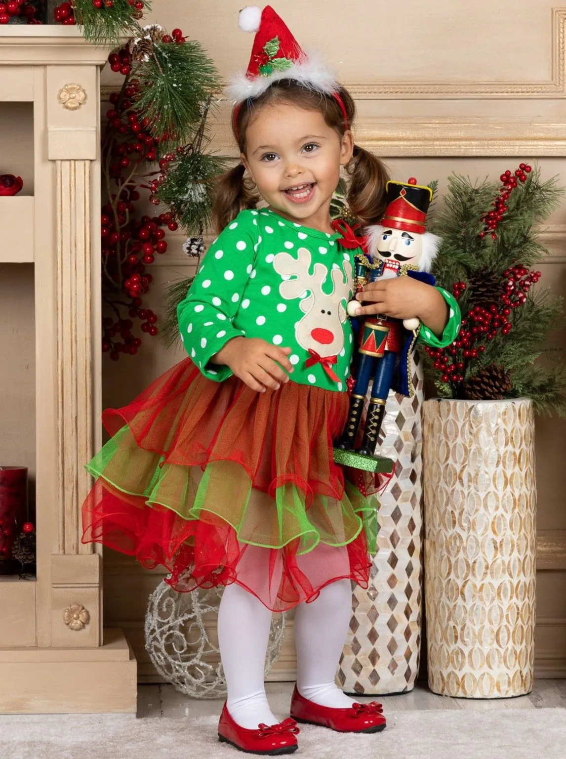 Girls Long Sleeve Polka Dot Reindeer or Tree Holiday Tutu