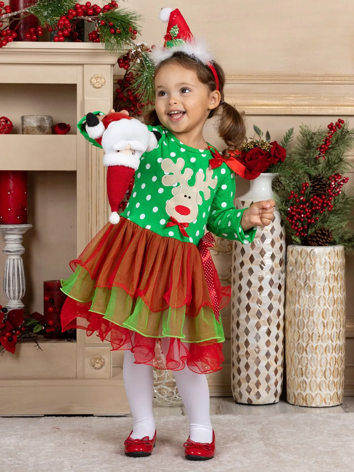 Girls Long Sleeve Polka Dot Reindeer or Tree Holiday Tutu