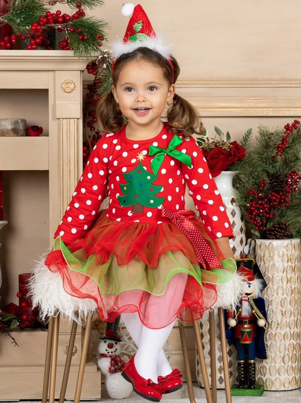 Girls Long Sleeve Polka Dot Reindeer or Tree Holiday Tutu