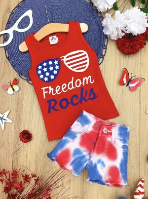 Girls Patriotic "Freedom Rocks" Bow Tanks and Tie Dye Denim Shorts Set