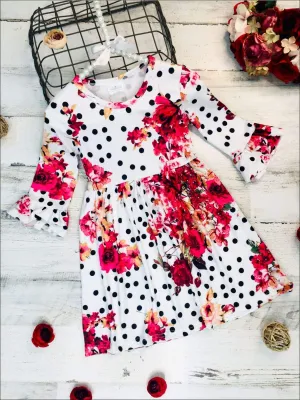 Girls Polka Dot Floral A-Line Long Flared Sleeve Dress