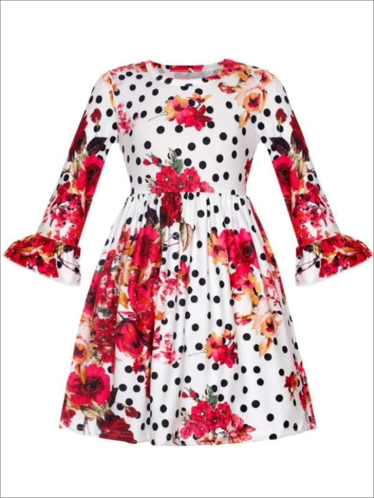 Girls Polka Dot Floral A-Line Long Flared Sleeve Dress