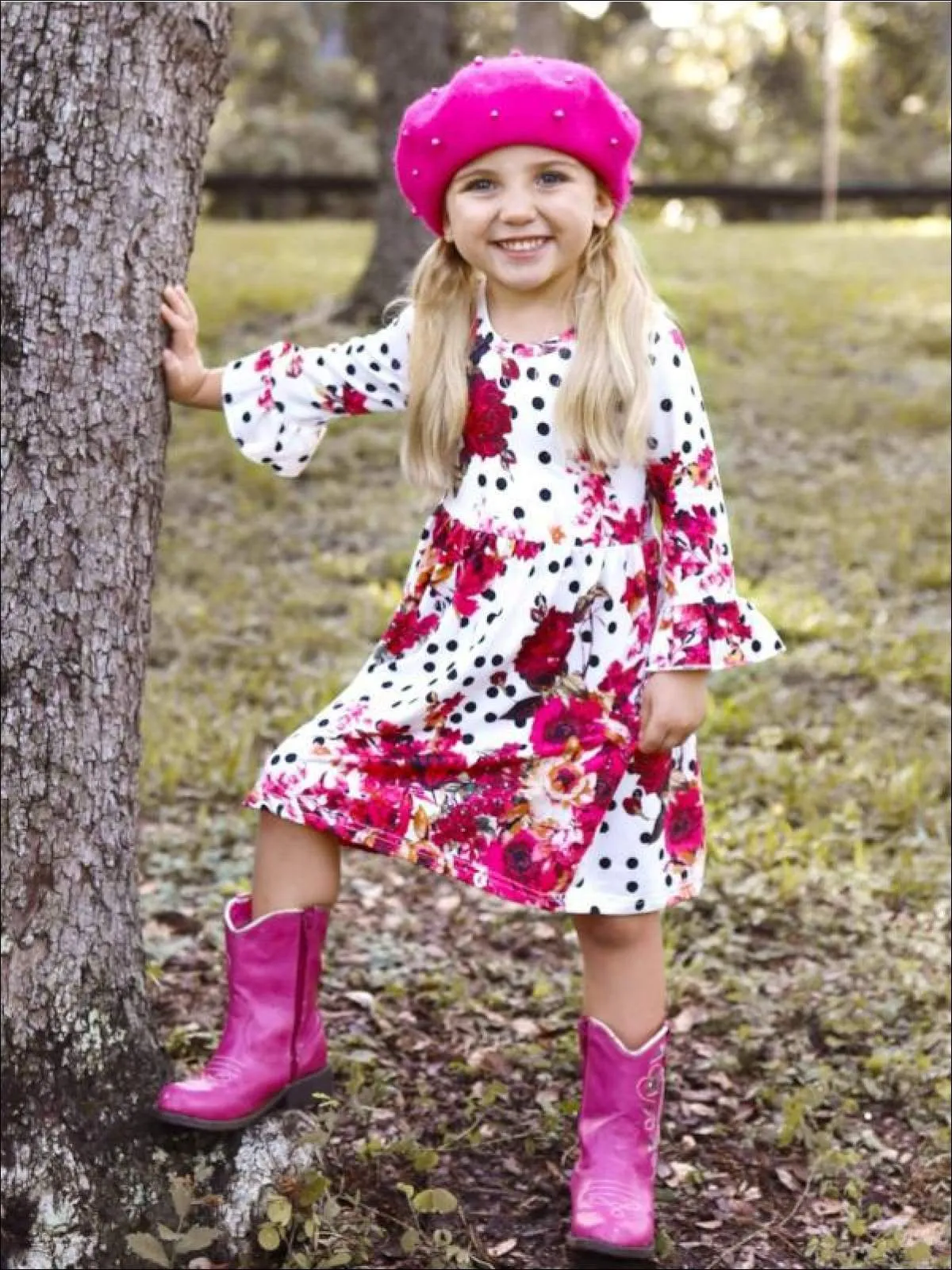 Girls Polka Dot Floral A-Line Long Flared Sleeve Dress