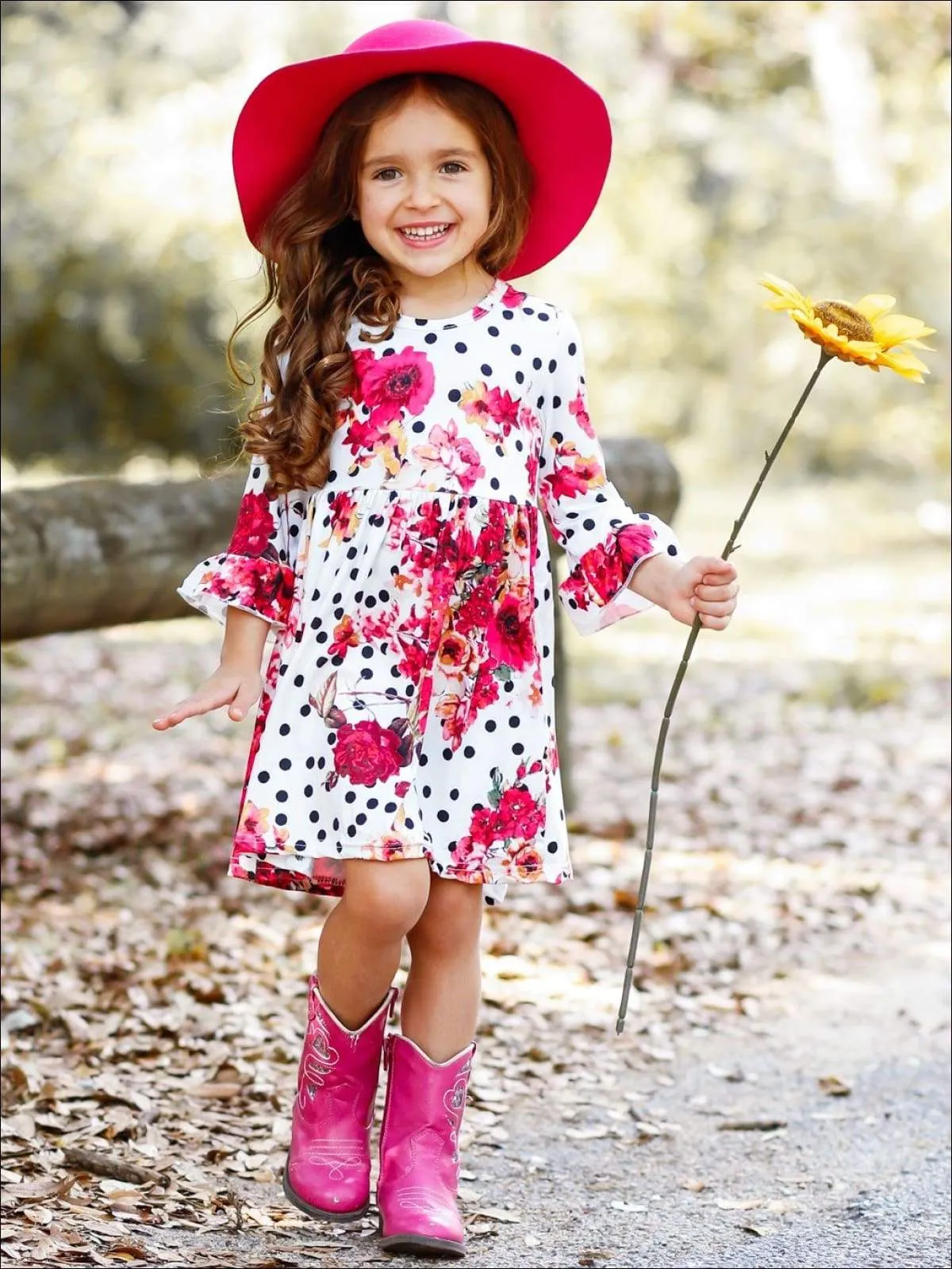 Girls Polka Dot Floral A-Line Long Flared Sleeve Dress
