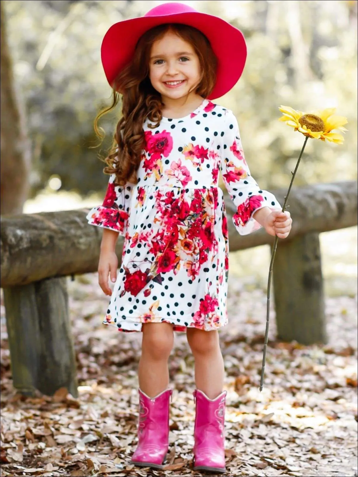 Girls Polka Dot Floral A-Line Long Flared Sleeve Dress