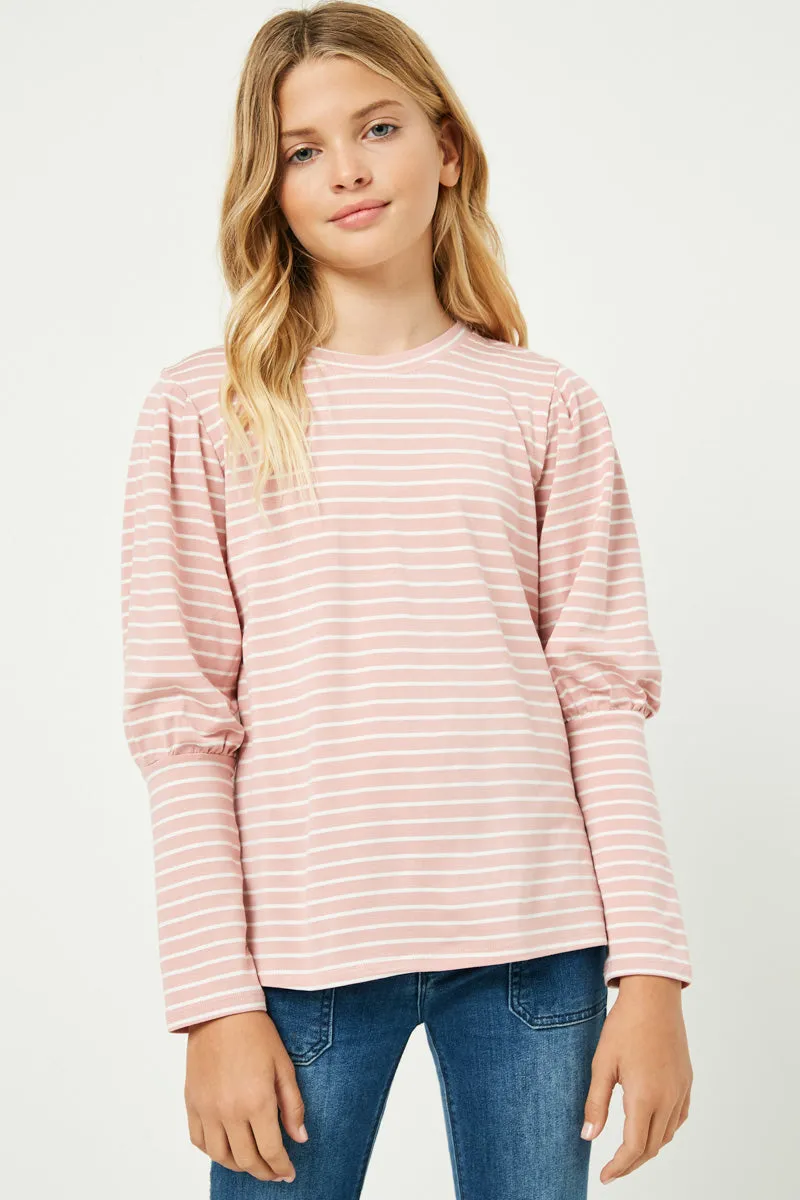 Girls Puff Shoulder Striped Long Sleeve Tee