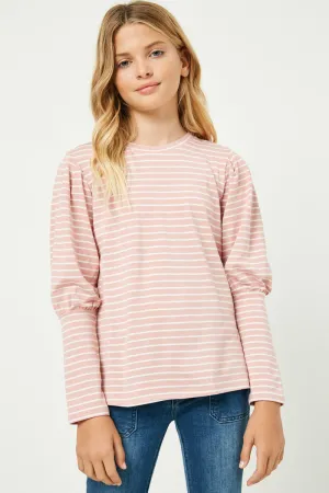 Girls Puff Shoulder Striped Long Sleeve Tee