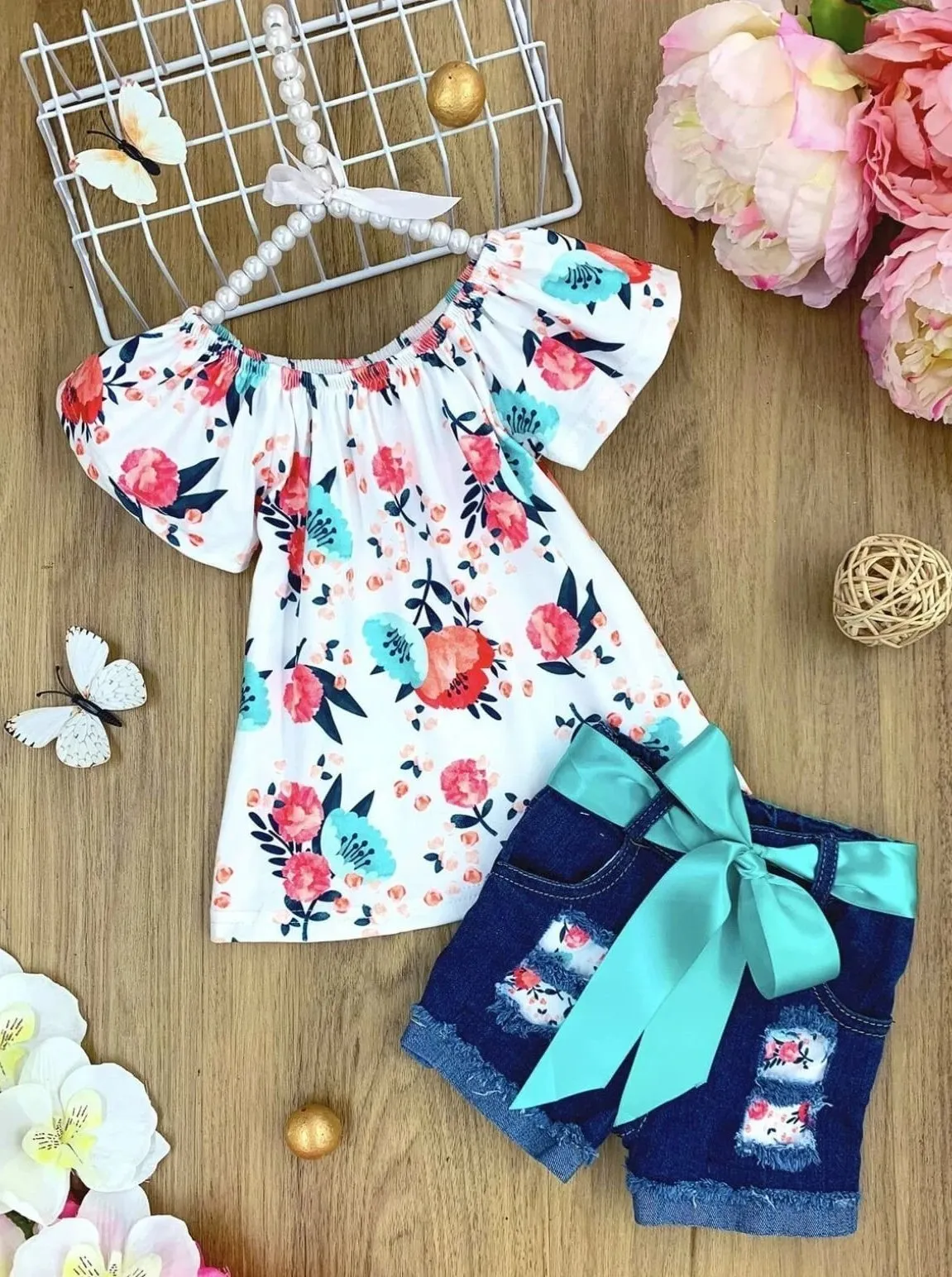 Girls Spring Mood Floral Tunic & Ripped Denim Shorts Set