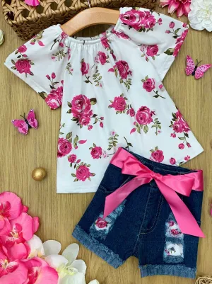 Girls Spring Mood Floral Tunic & Ripped Denim Shorts Set