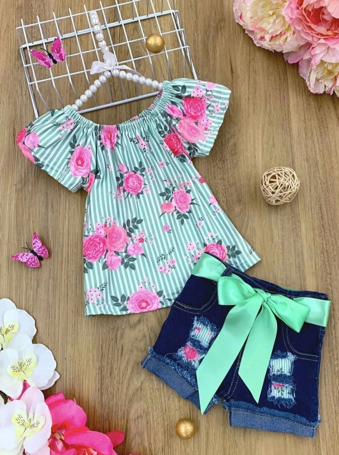 Girls Spring Mood Floral Tunic & Ripped Denim Shorts Set