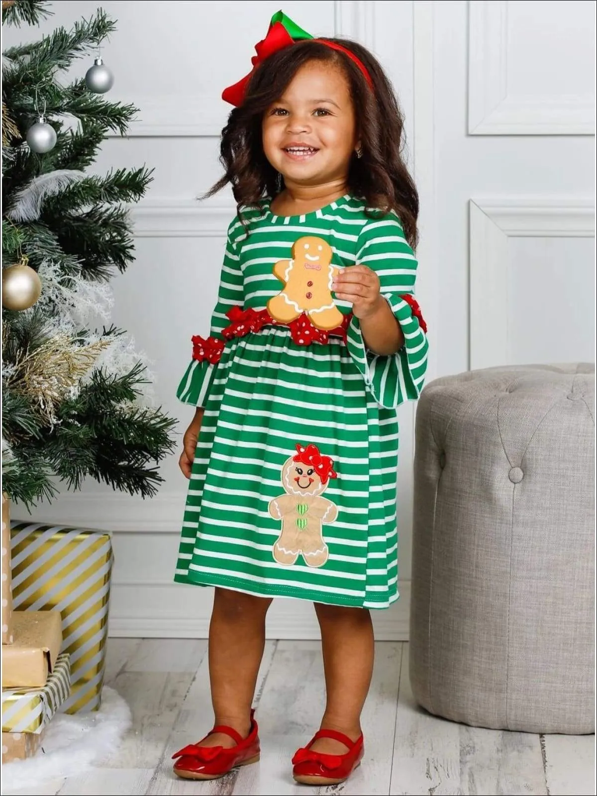 Girls Striped Gingerbread Polka Dot Ruffled Dress