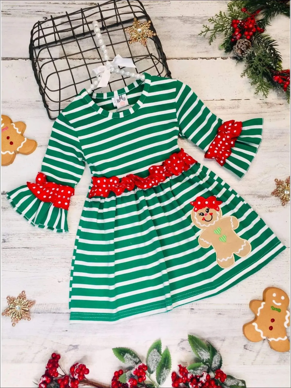 Girls Striped Gingerbread Polka Dot Ruffled Dress