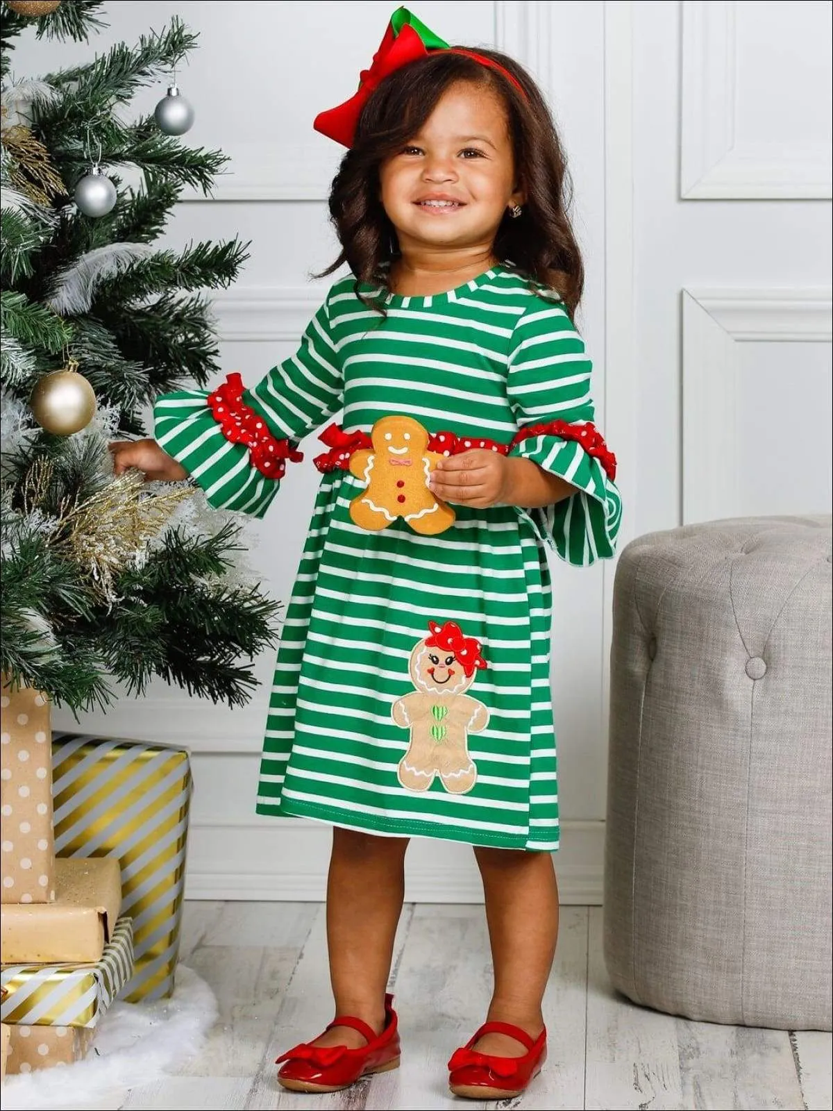 Girls Striped Gingerbread Polka Dot Ruffled Dress