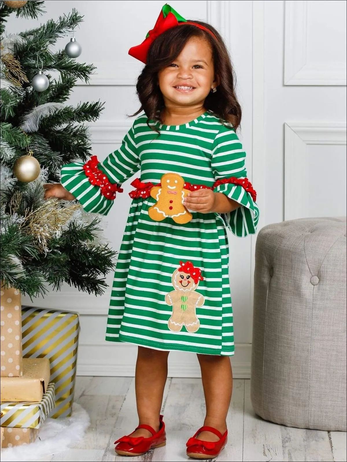 Girls Striped Gingerbread Polka Dot Ruffled Dress