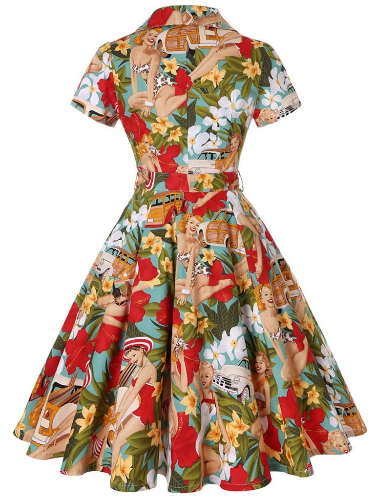 Green 1960S Floral Print Swing Vintage Dress With Belt