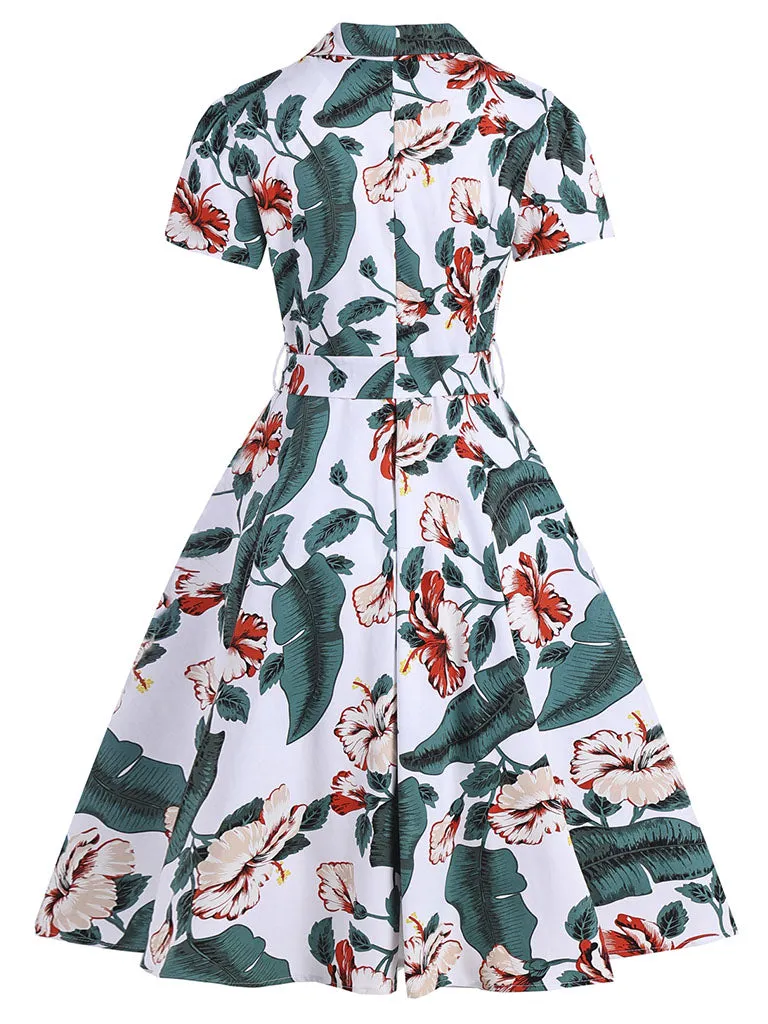 Green 1960S Floral Print Swing Vintage Dress With Belt