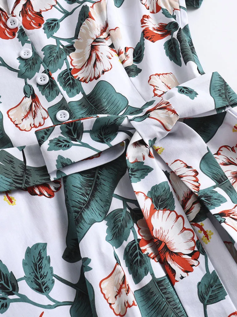 Green 1960S Floral Print Swing Vintage Dress With Belt