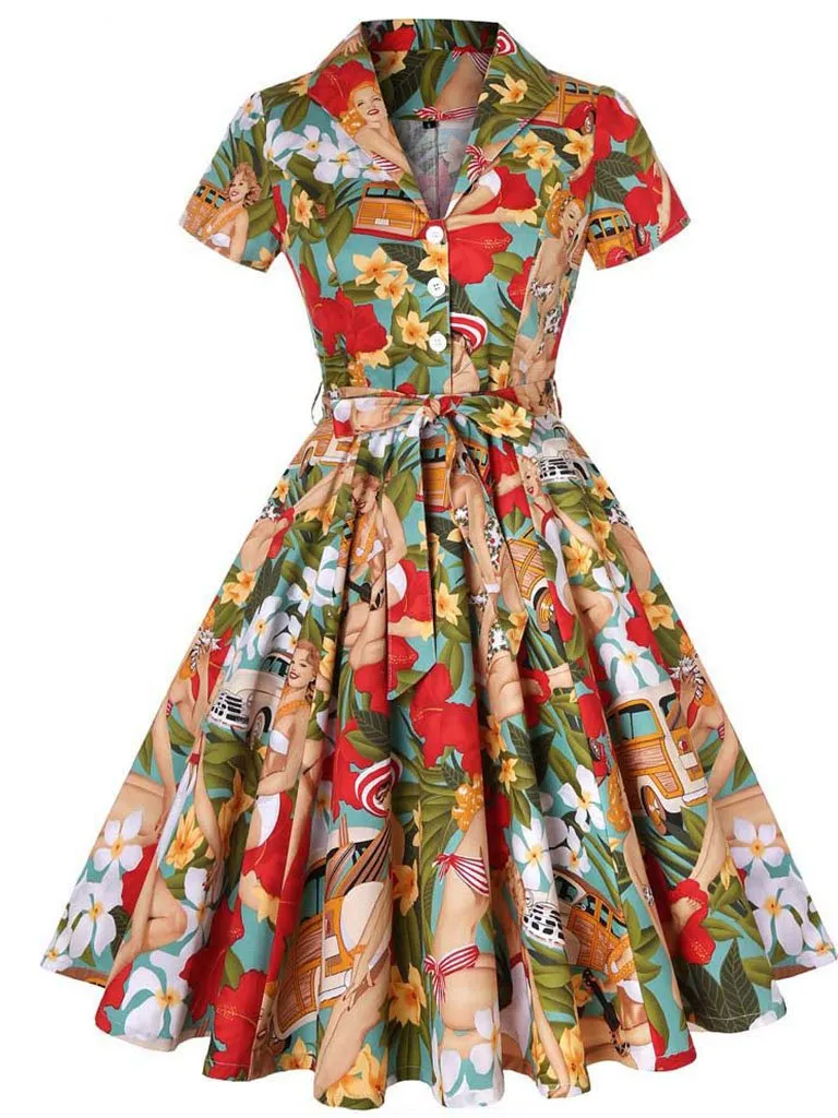 Green 1960S Floral Print Swing Vintage Dress With Belt