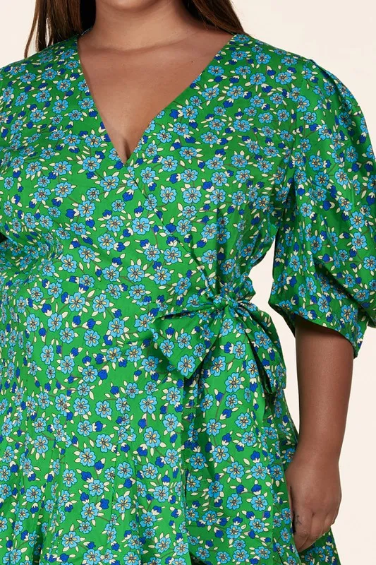 Green Floral Puff Sleeve Wrap Mini Dress-CURVES
