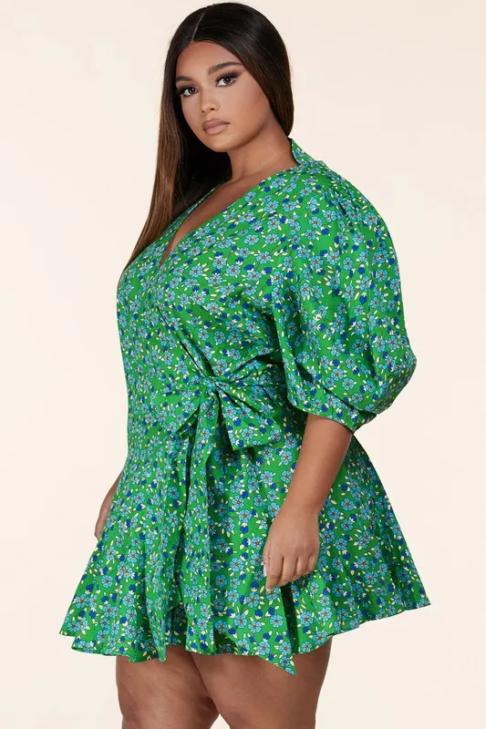 Green Floral Puff Sleeve Wrap Mini Dress-CURVES