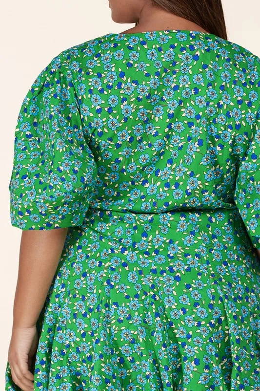 Green Floral Puff Sleeve Wrap Mini Dress-CURVES