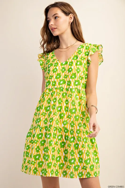Green Floral Tiered Floral Dress