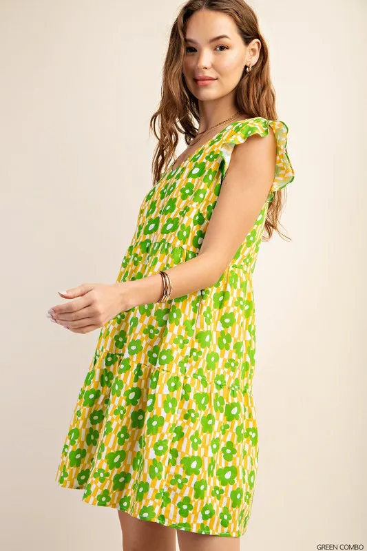 Green Floral Tiered Floral Dress