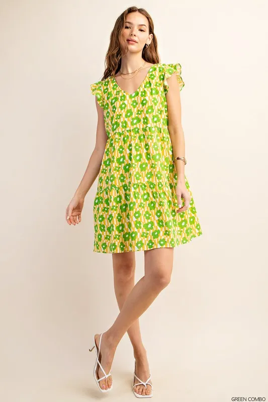 Green Floral Tiered Floral Dress