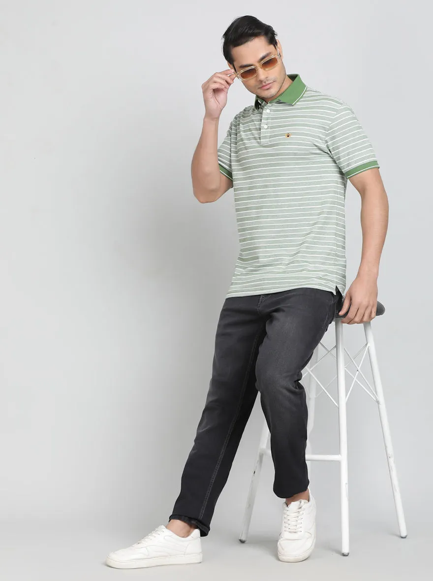 Green Striped Regular Fit Polo T-Shirt | JadeBlue