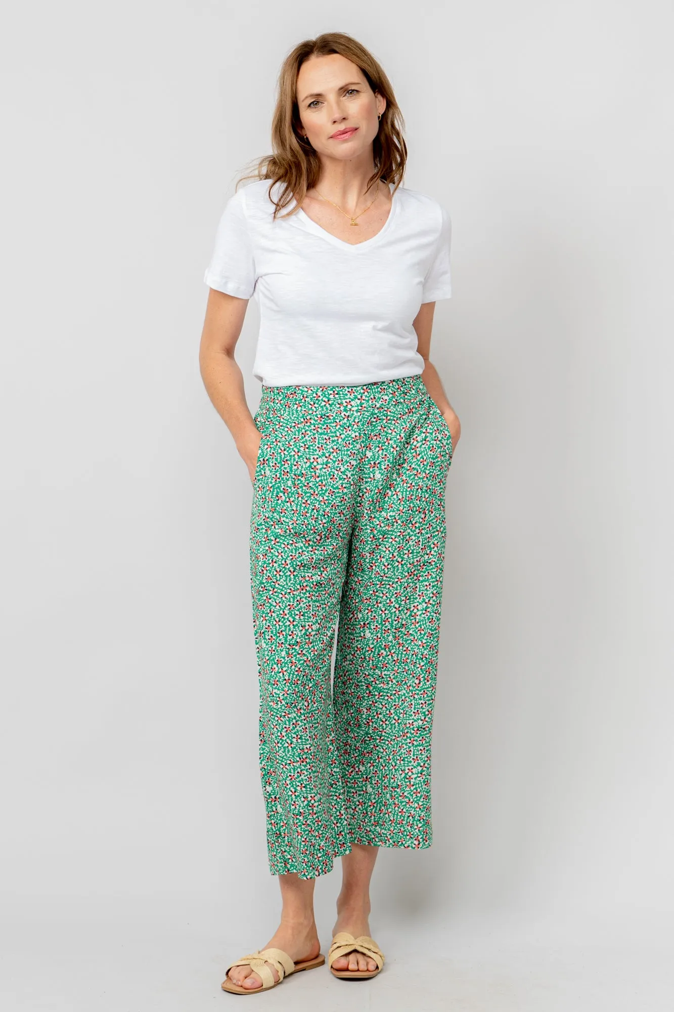 Greta Green Ditsy Print Cropped Trousers