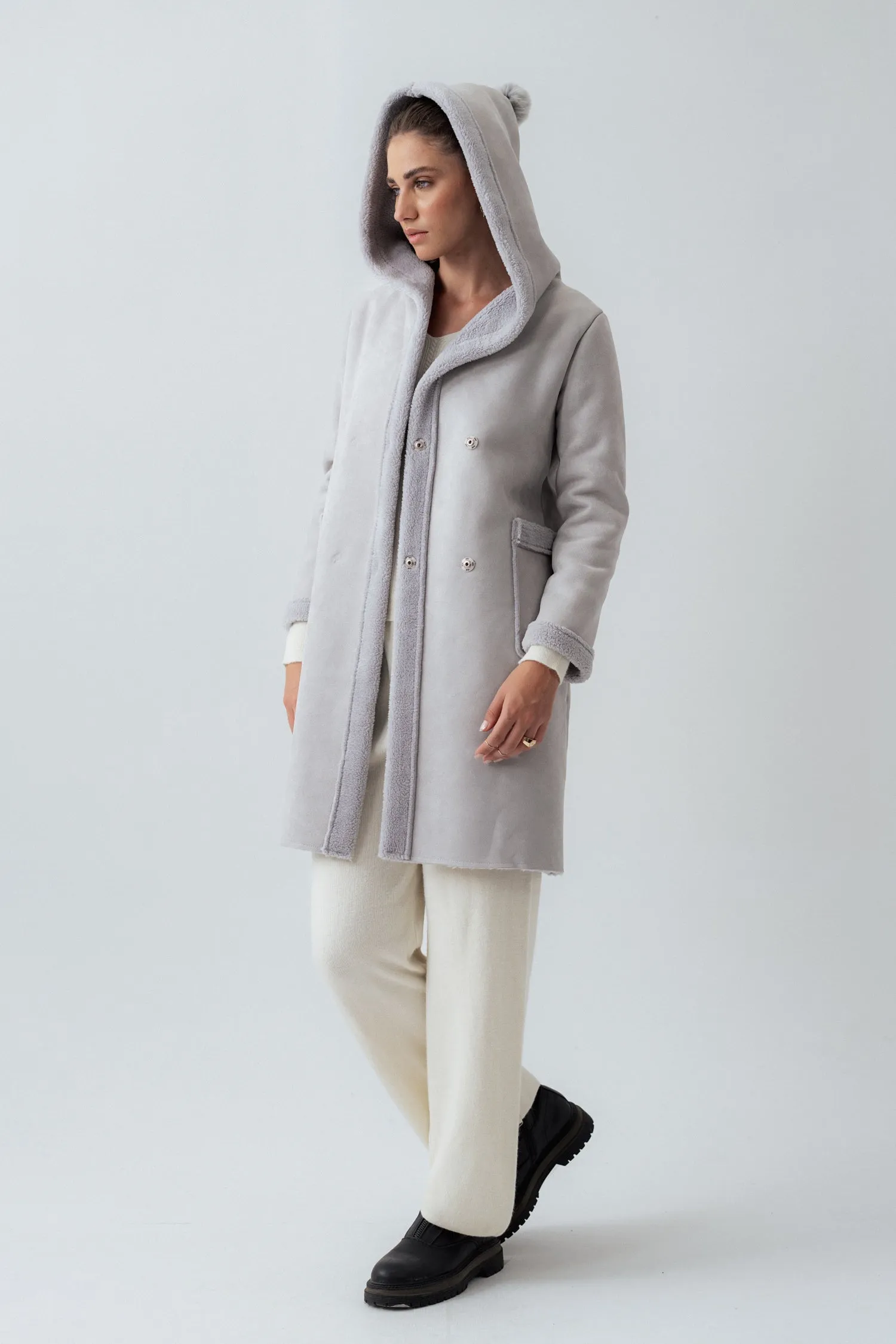 Grey Hooded Suede Coat