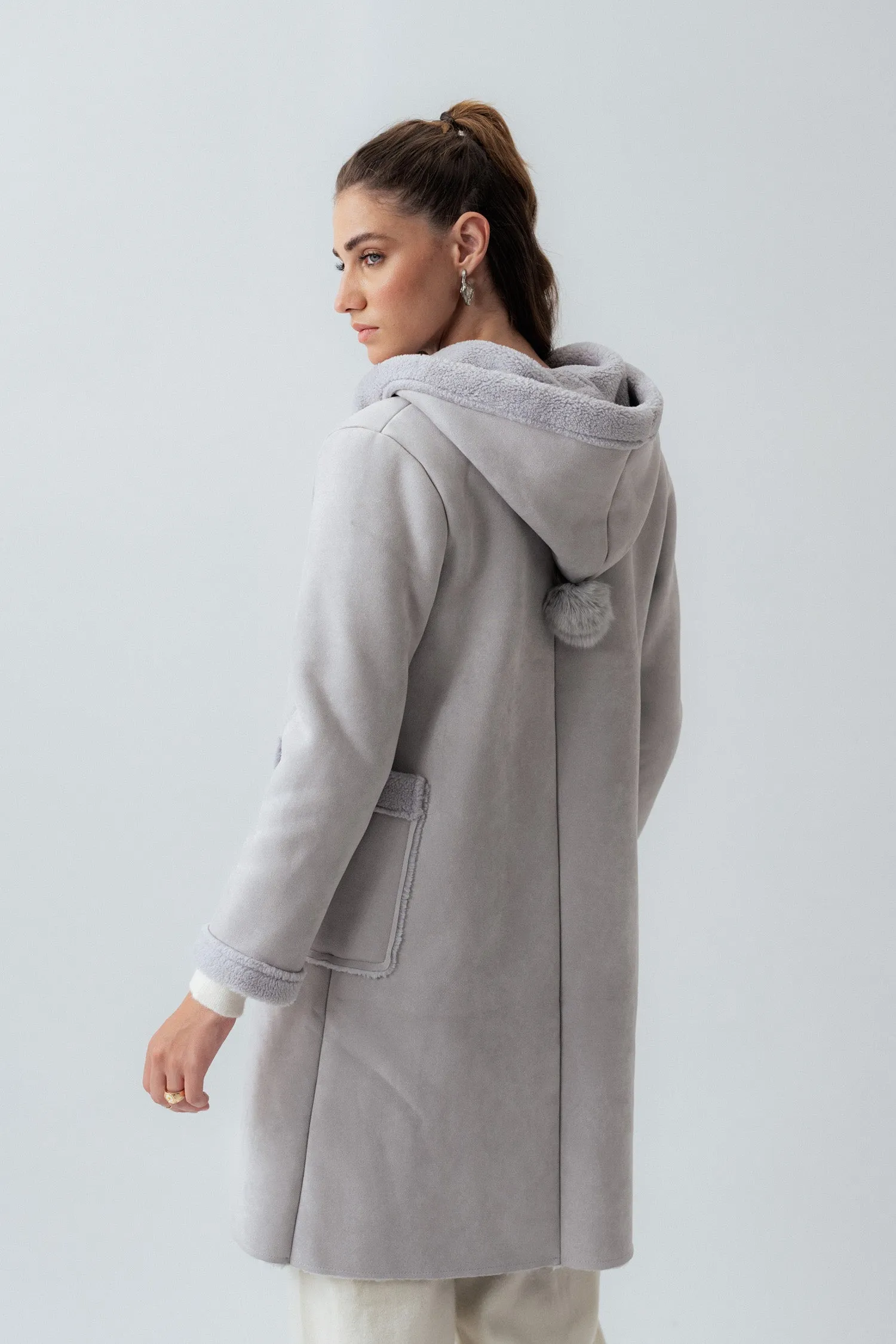 Grey Hooded Suede Coat