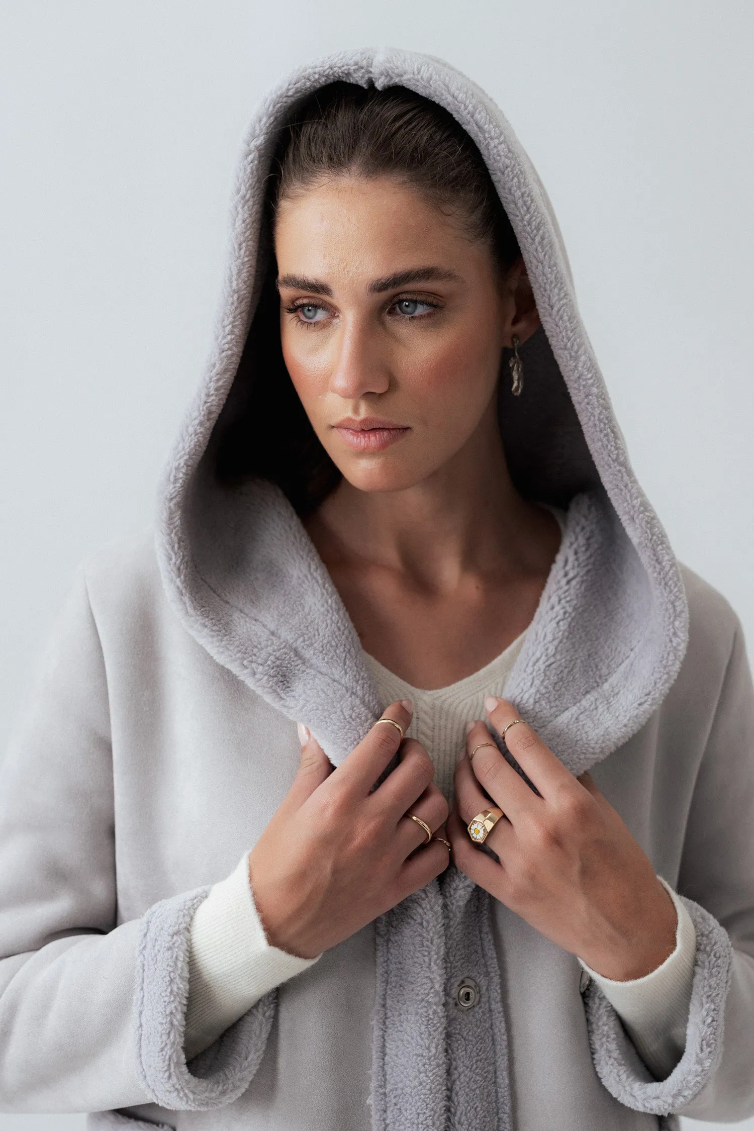Grey Hooded Suede Coat