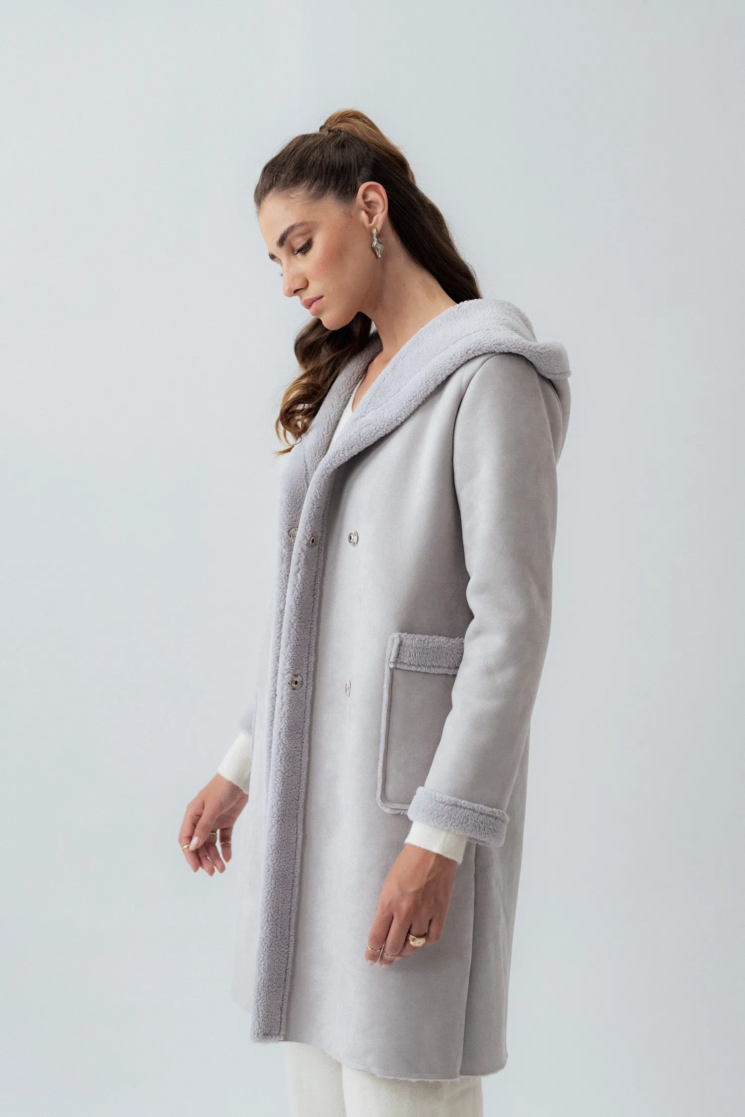 Grey Hooded Suede Coat