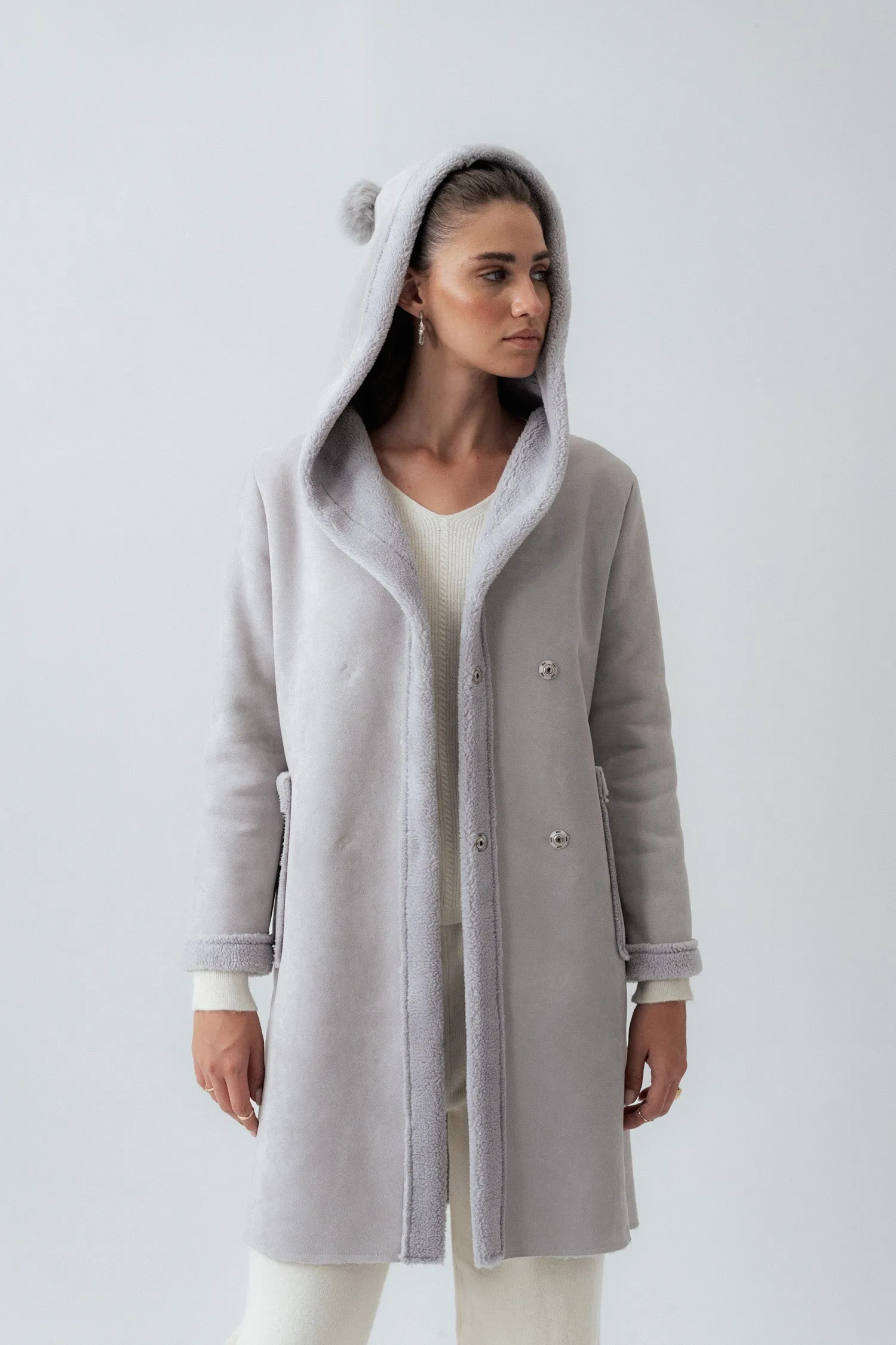 Grey Hooded Suede Coat
