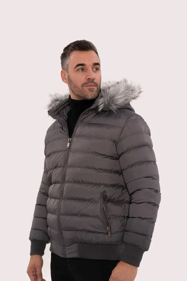 Grey Men's Puffer Coat with Fur - Wessi