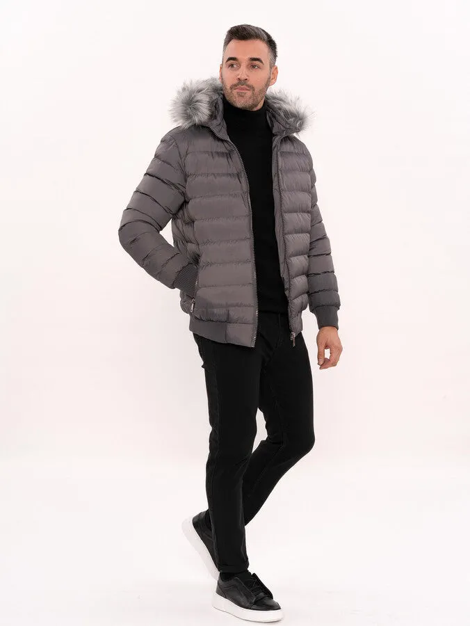 Grey Men's Puffer Coat with Fur - Wessi