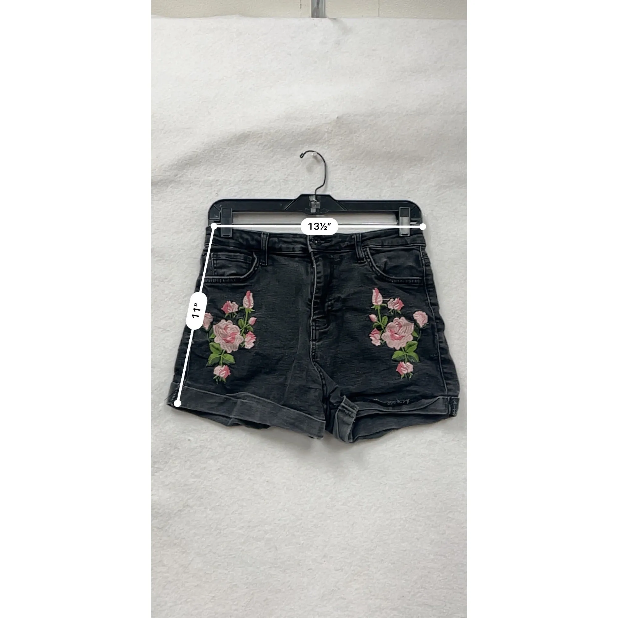 Guess Womens Black Denim Shorts With Pink Floral Embroidery Size 28 #6765