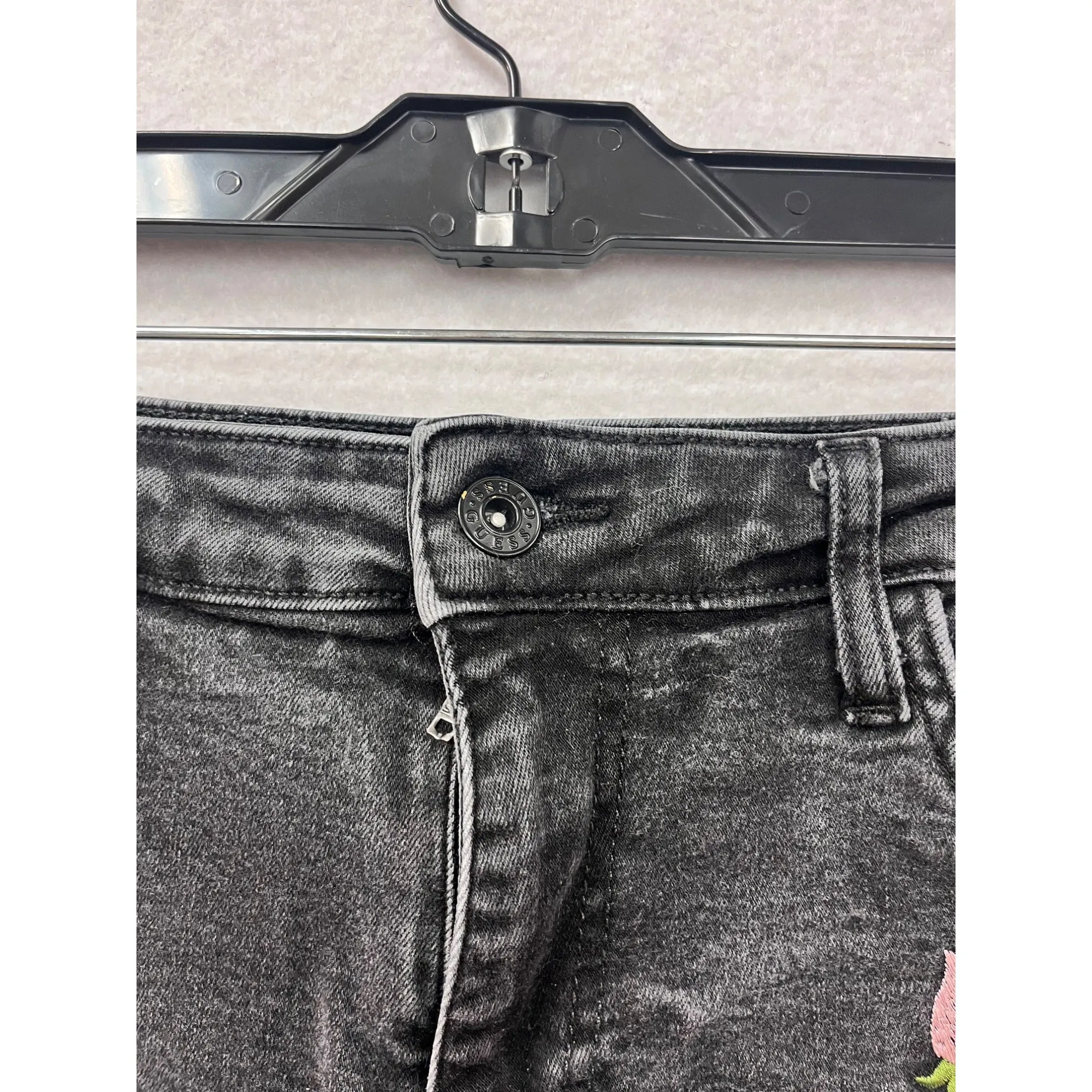 Guess Womens Black Denim Shorts With Pink Floral Embroidery Size 28 #6765