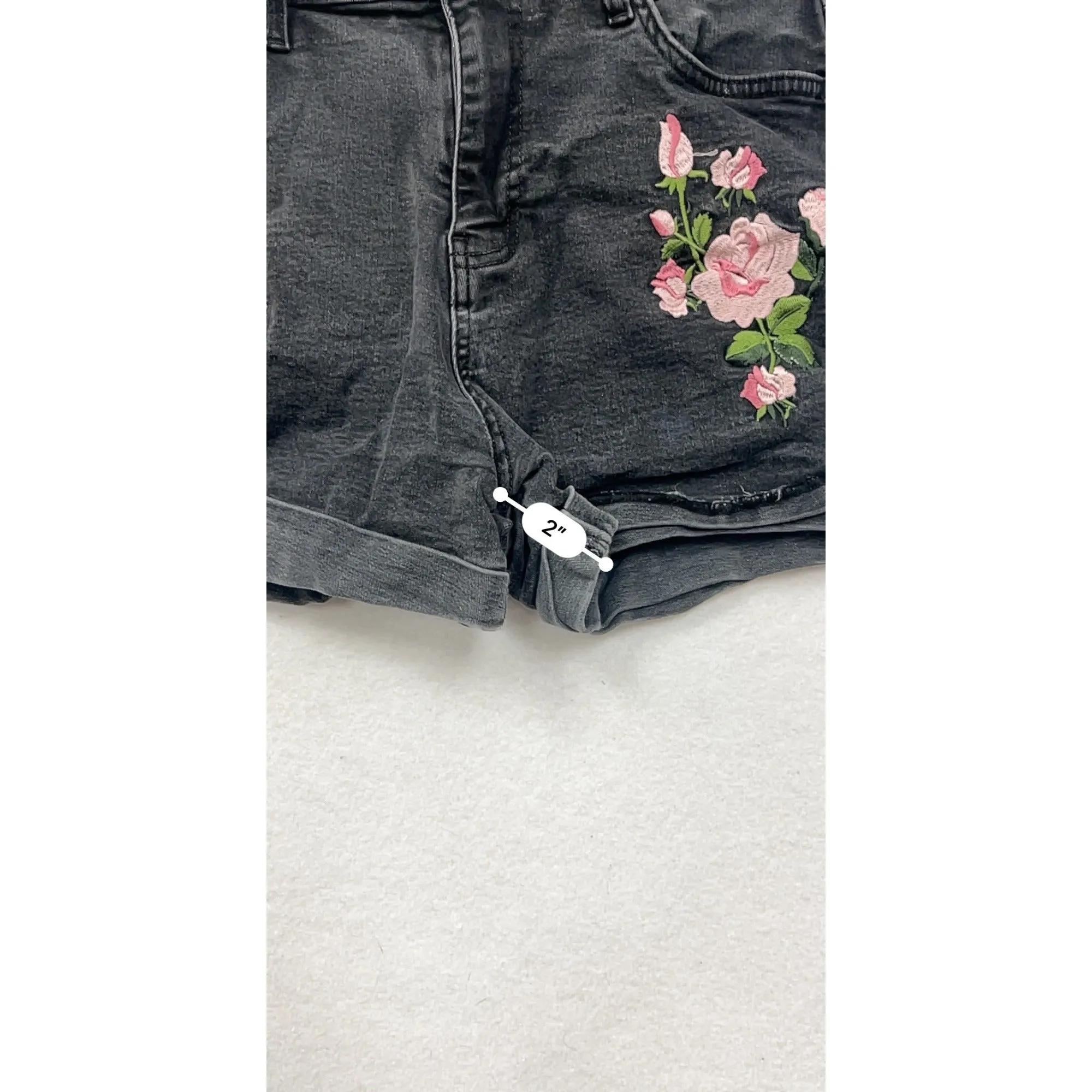 Guess Womens Black Denim Shorts With Pink Floral Embroidery Size 28 #6765