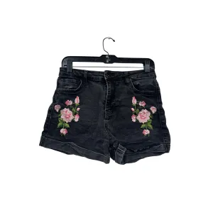 Guess Womens Black Denim Shorts With Pink Floral Embroidery Size 28 #6765
