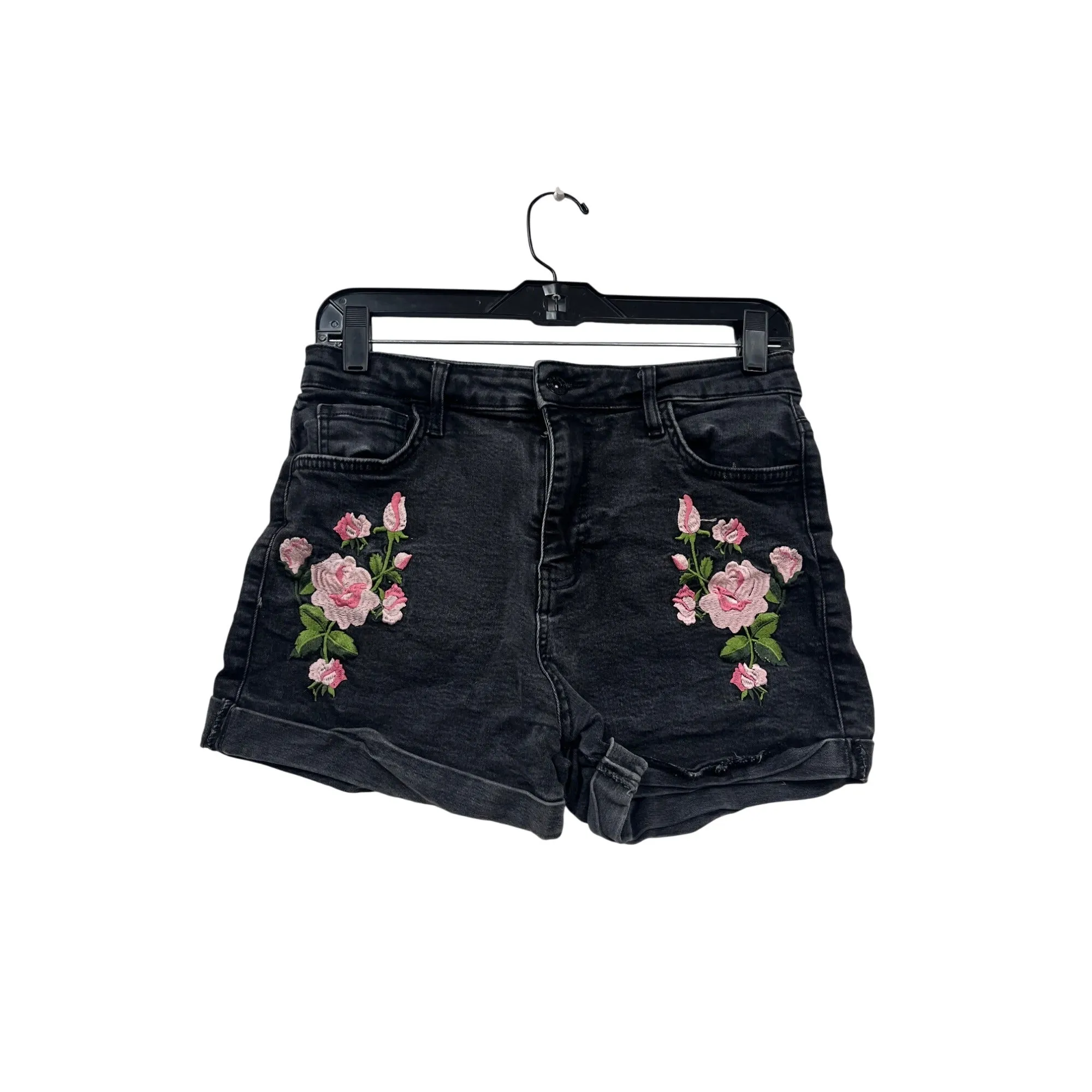 Guess Womens Black Denim Shorts With Pink Floral Embroidery Size 28 #6765